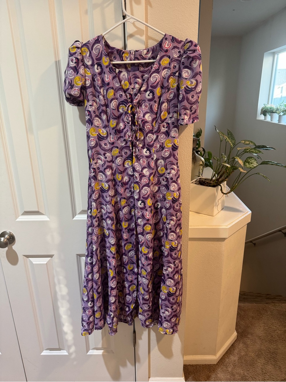 Vintage Purple Swirl Print Short-Sleeve Midi Dress